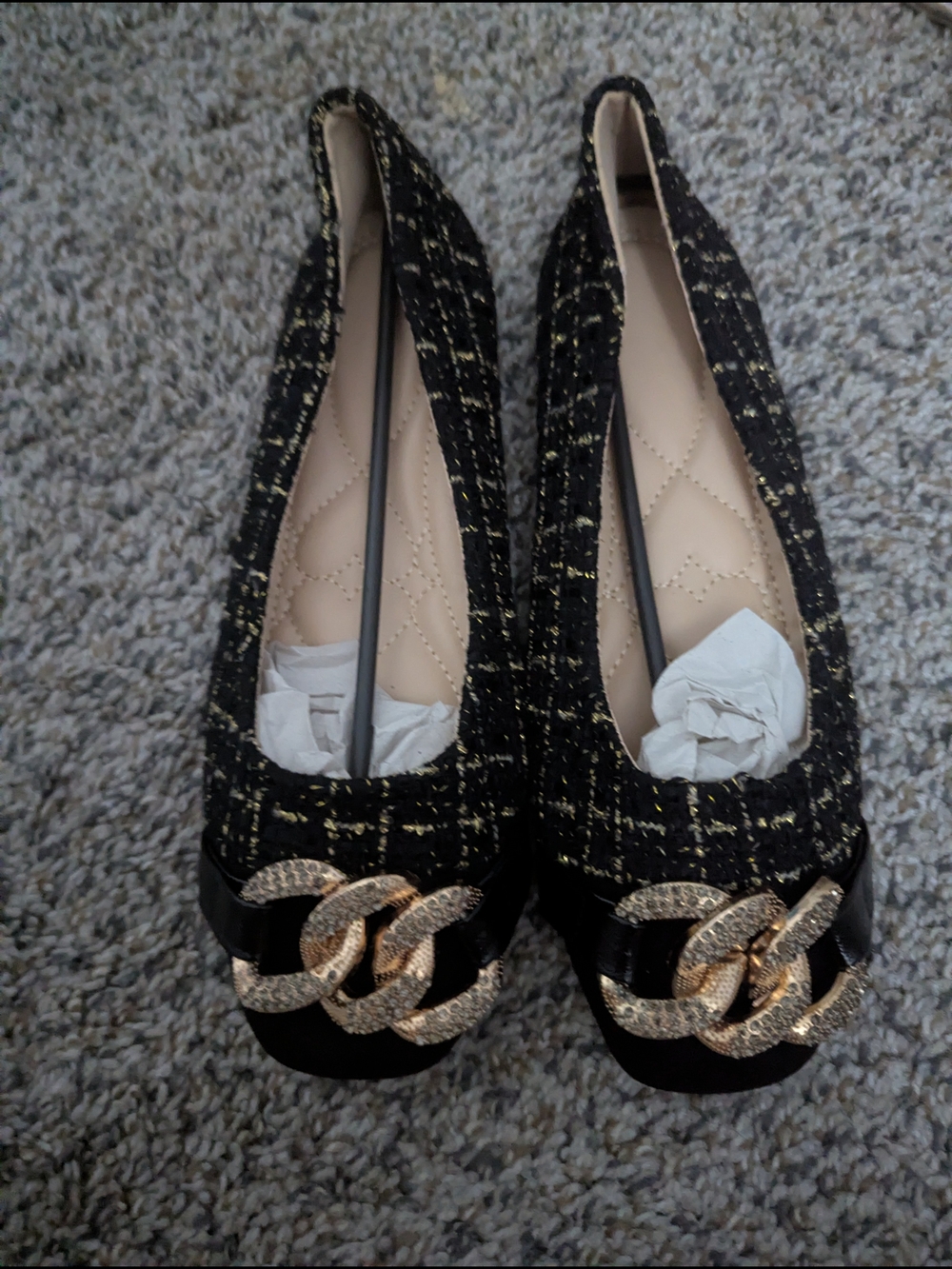 Black Tweed Ballet Flats with Gold Chain Accent